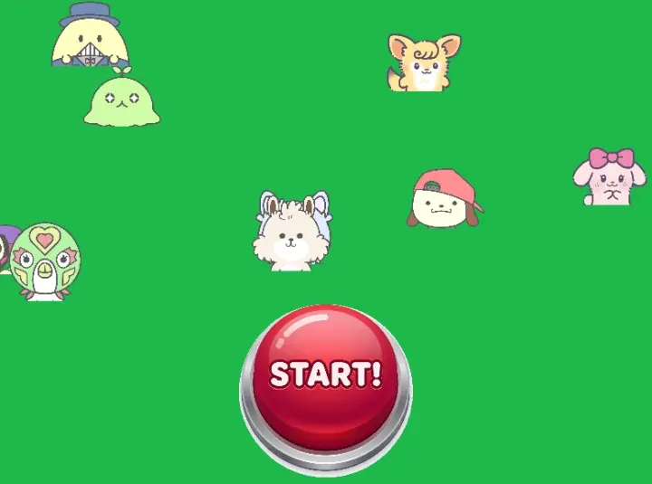 タイトル画面。STARTボタンと、キャラクターたちが出迎えます。